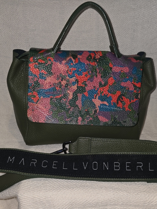 Marcell Von Berlin Handbags - MARCELL VON BERLIN Olive Leather Tote with Multicolor Flap